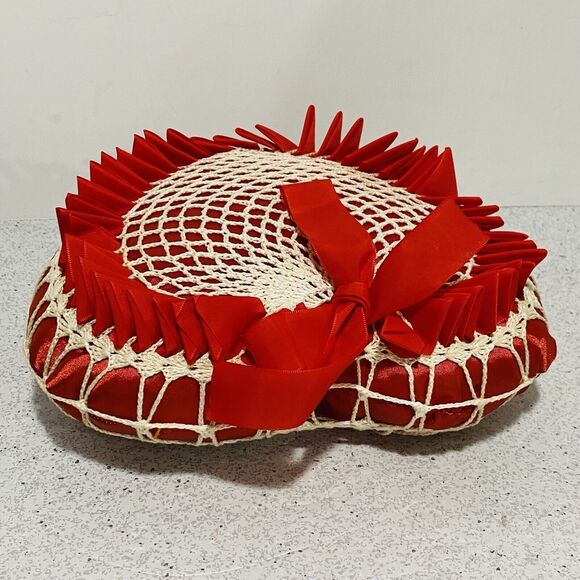 Vintage Heart Shaped Toss Pillow Red Satin Ribbons & White Crochet Caged Romance - Picture 5 of 8